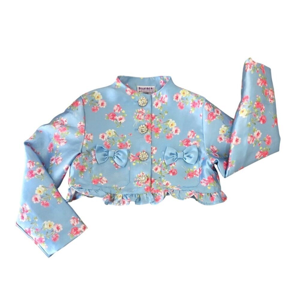 Blueberi Boulevard Floral Satin Jacket Girl Sz 6 Big Rhinestone Buttons Long Slv